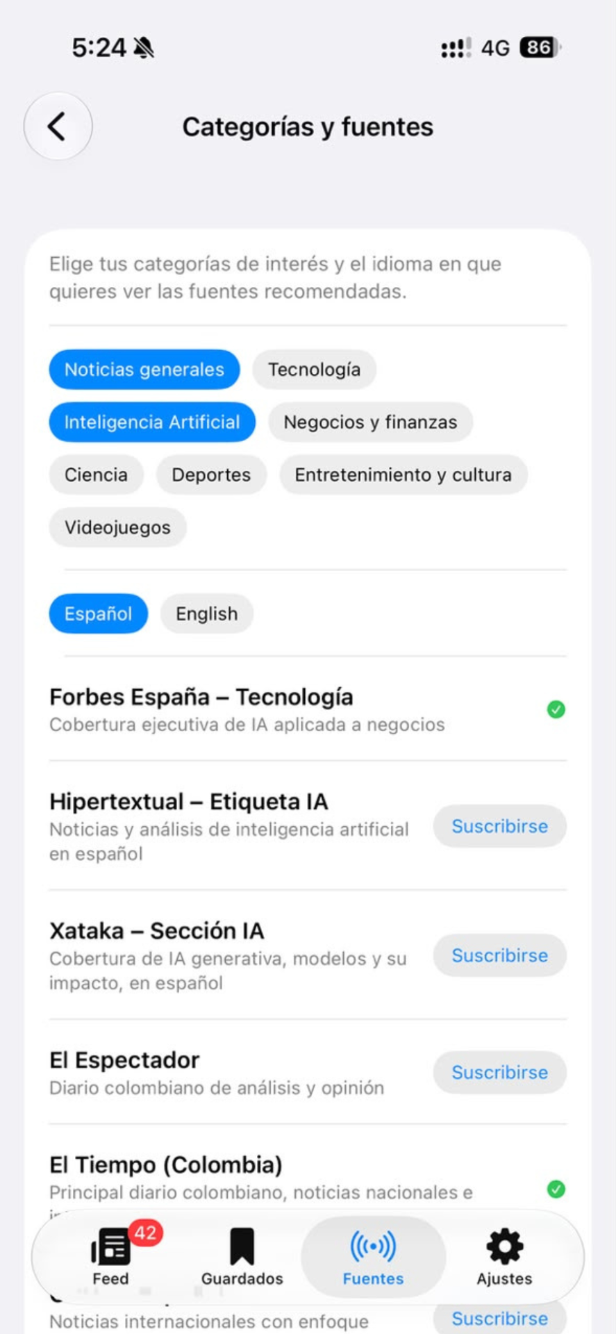Catálogo de categorías y fuentes