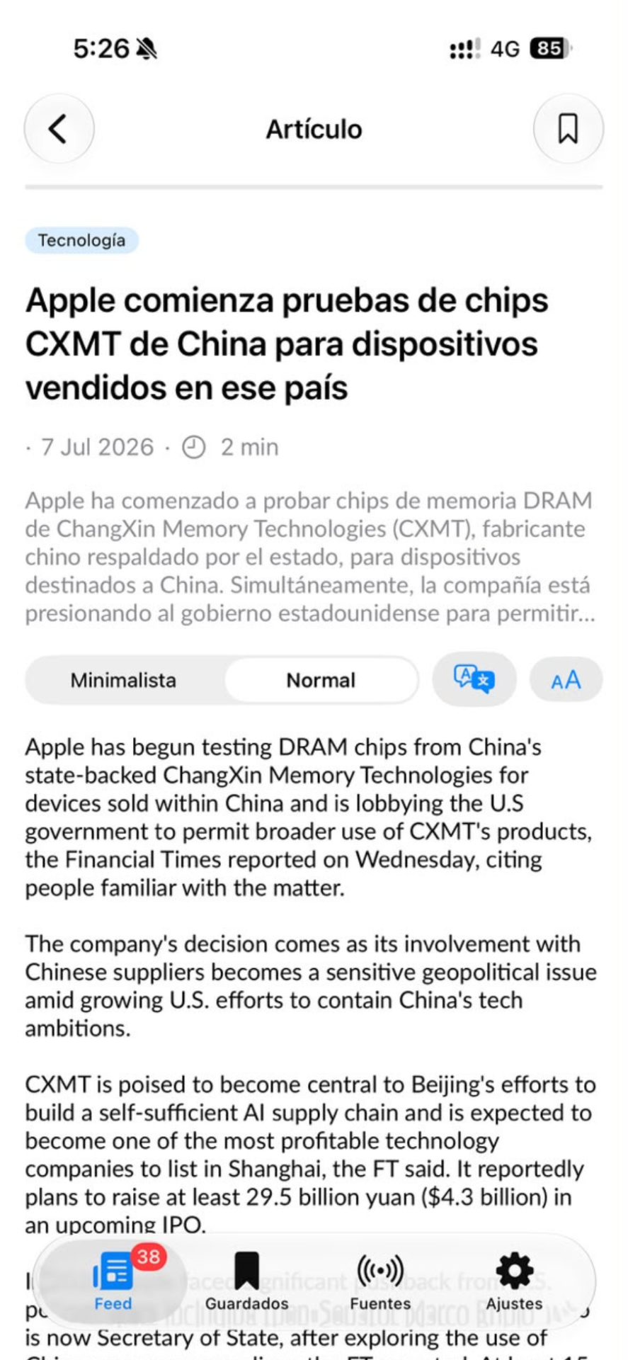 Vista de lectura de un artículo